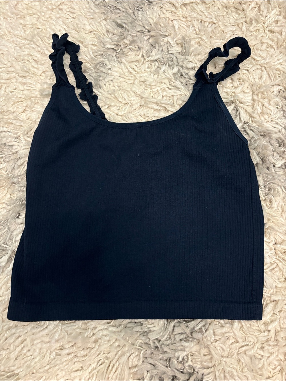 Navy Ribbed Ruffle Strap Tank Top